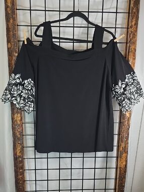 Black Cold-Shoulder Blouse with White Floral Sleeve Embroidery